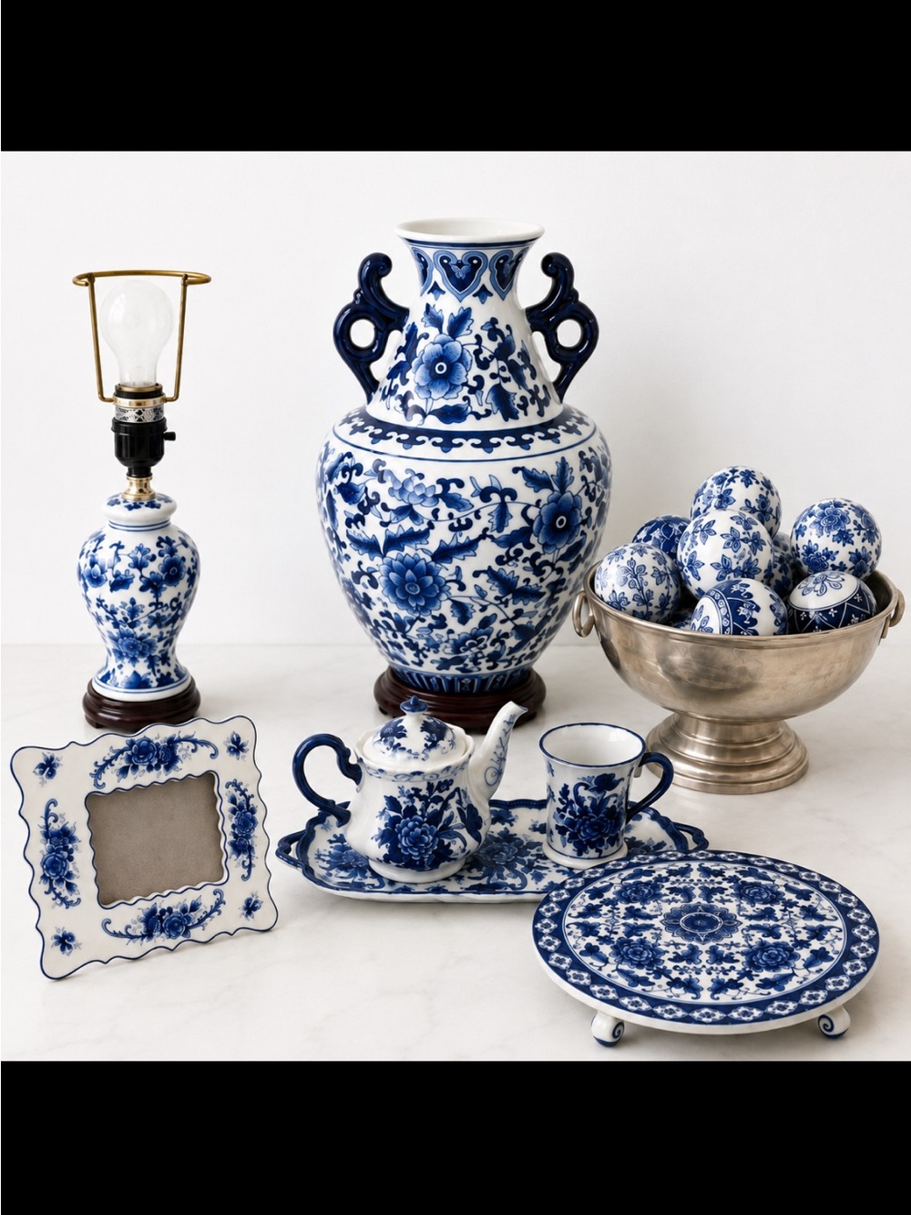 Blue and White Floral Chinoserie set - Classic Home Art